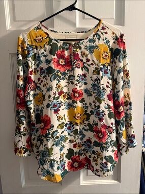 Van Heusen Cream Floral Keyhole Long Sleeve Top with Yellow & Red Flowers